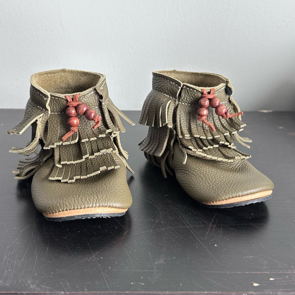 Duchess & Fox Leather Fringe Boots Toddler 9‎ Olive Handmade Boho